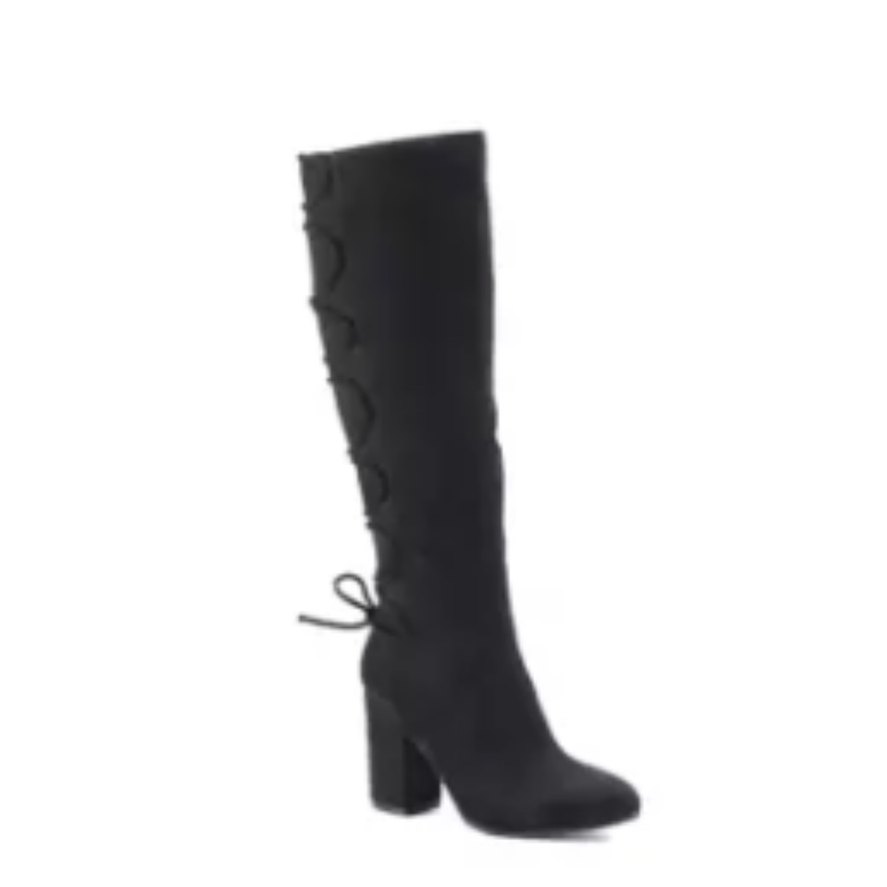 SO Black High Heeled Tall Faux Suede Boots laces 7.5 Screentime